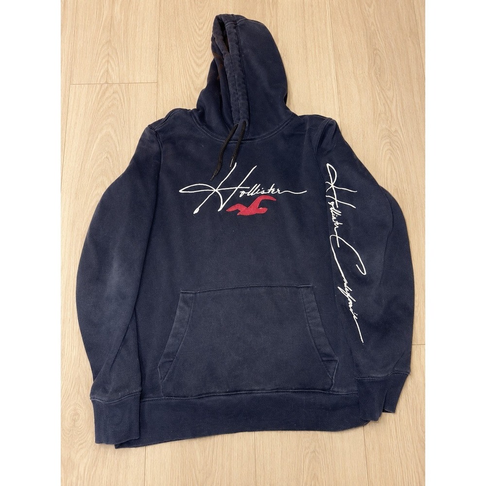 Hollister Must-Have Collection Navy Blue Script Logo Pullover Hoodie Mens Medium